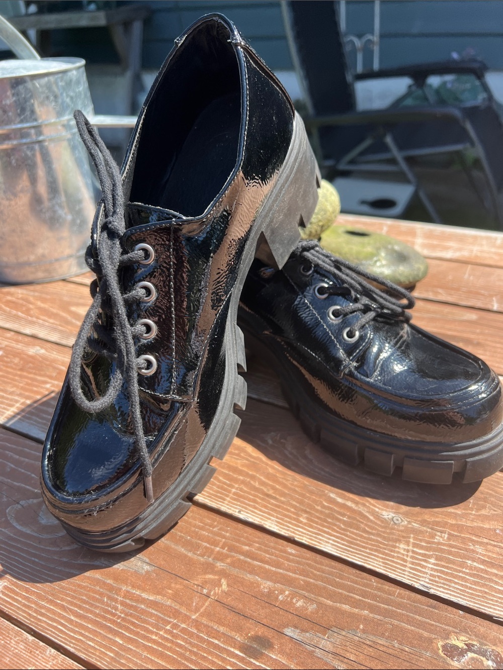 Source Unknown Black Patent Platform Lace-Up Shoes